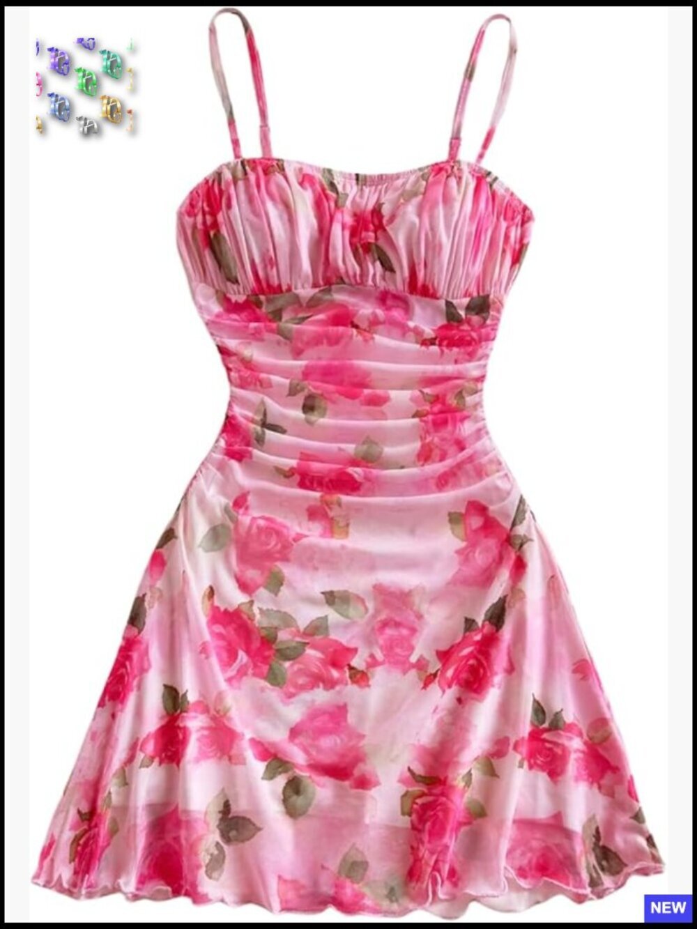 Floral Mesh Ruched Cami Mini Dress Boho Chic Summer Spaghetti Strap Ruffle Hem